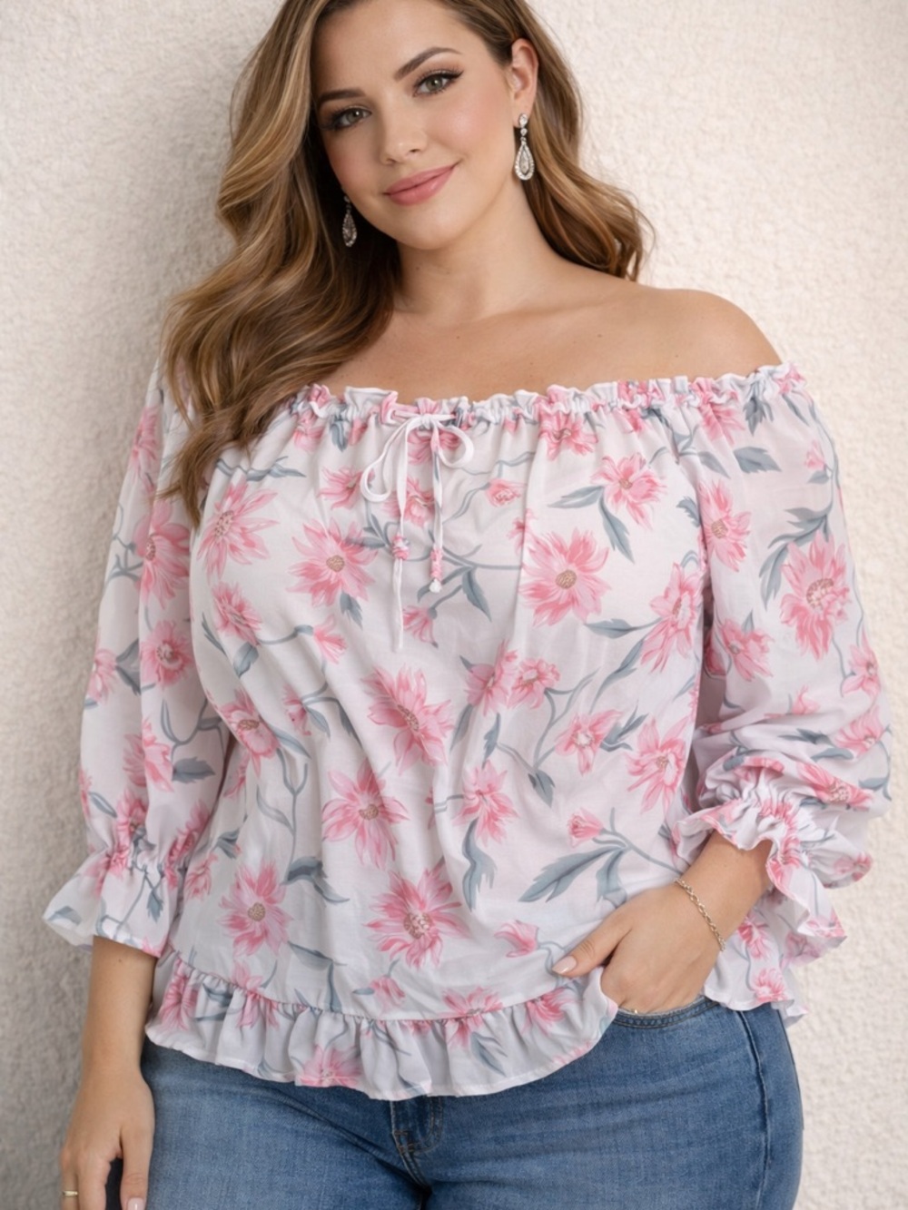 Pink Floral Off-Shoulder Women’s Blouse-NWOT